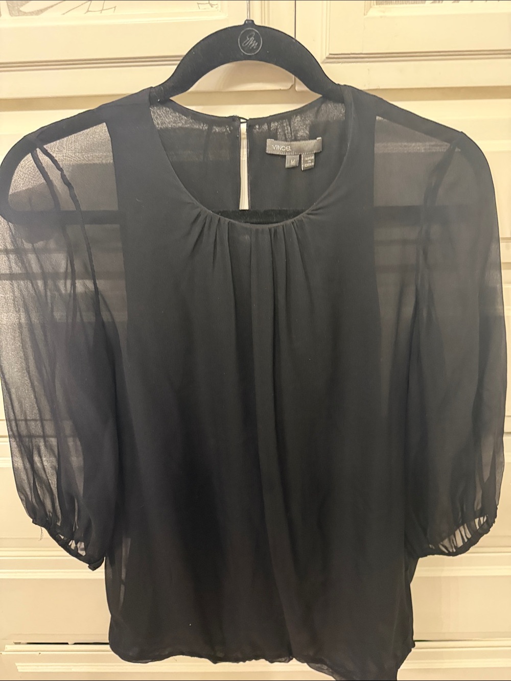 Vince Black Sheer Puff-Sleeve silk Blouse. Medium